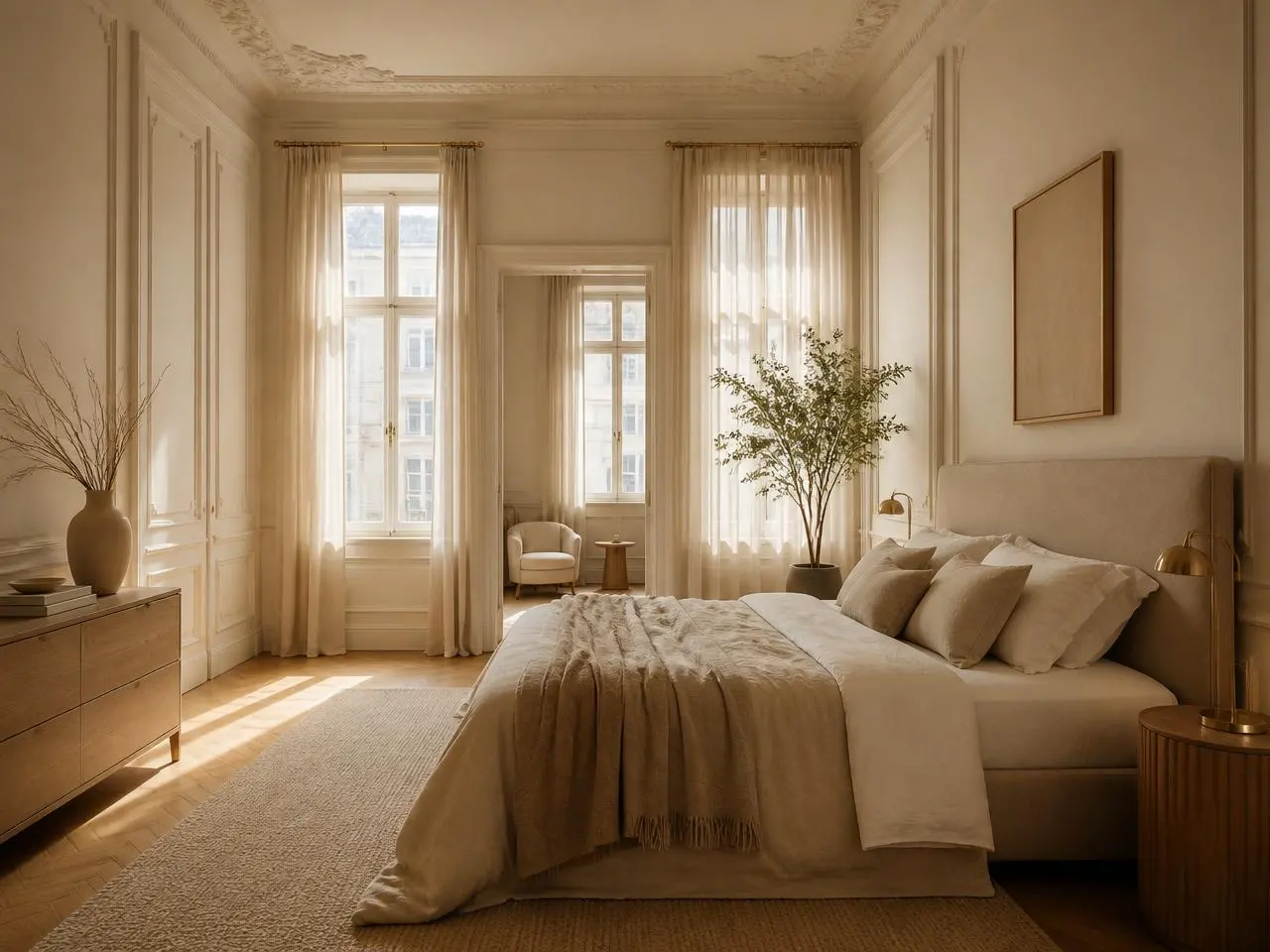 Ruhig gedeckte Wiener Altbau-Suite in warmem Tageslicht, Leinen, Messing und Fischgrätparkett, geführt wie ein Grand Hotel