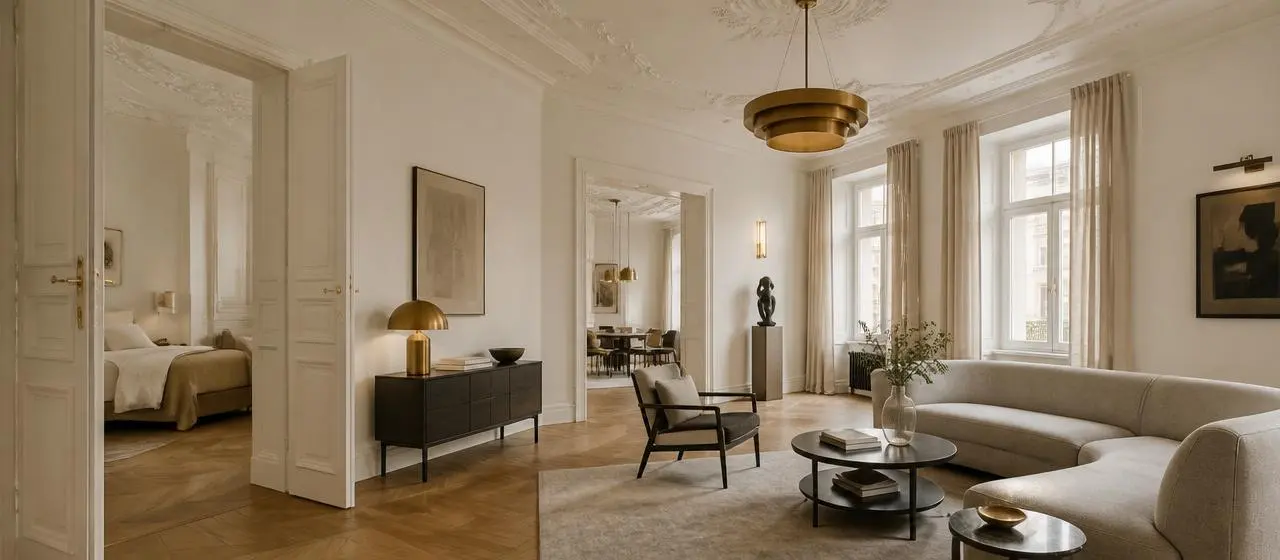 Wiener Altbau-Wohnung von Goldnest mit Fischgrätparkett, Stuck und Messing, geführt auf Hotelstandard, warmes Tageslicht